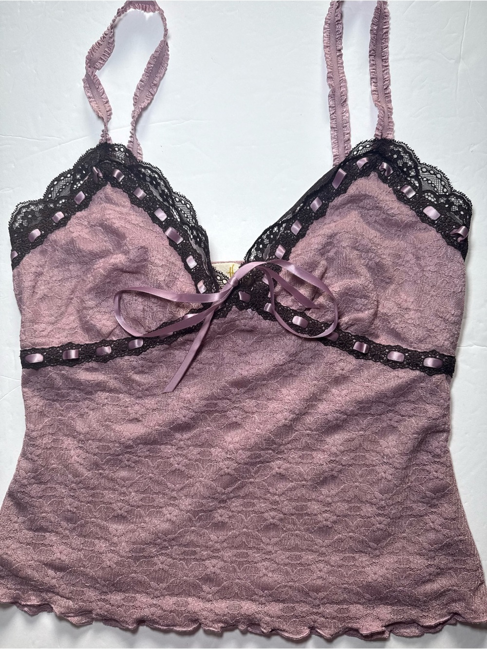 Feminine Purple Lace Cami Top Y2K Satin Ribbon Detail - Size M - New